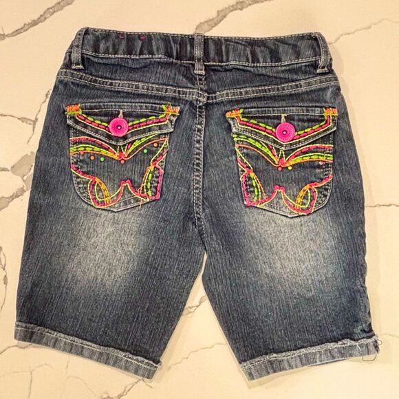 SO | Girls Dark Wash Denim Jean Shorts Neon Pink Green Accents Stitching - Picture 2 of 14